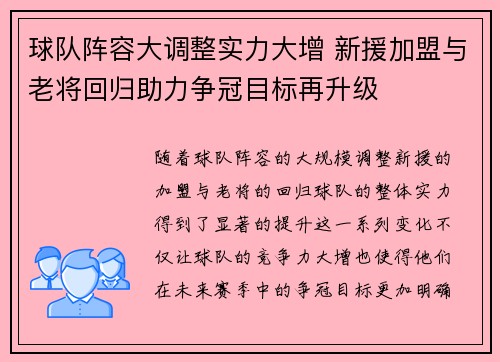 球队阵容大调整实力大增 新援加盟与老将回归助力争冠目标再升级