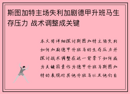 斯图加特主场失利加剧德甲升班马生存压力 战术调整成关键