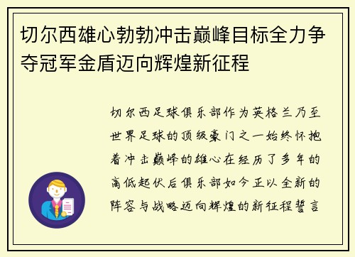 切尔西雄心勃勃冲击巅峰目标全力争夺冠军金盾迈向辉煌新征程