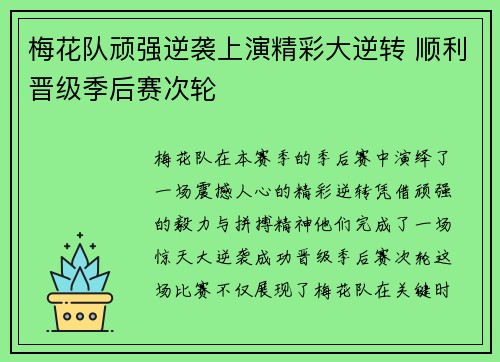 梅花队顽强逆袭上演精彩大逆转 顺利晋级季后赛次轮